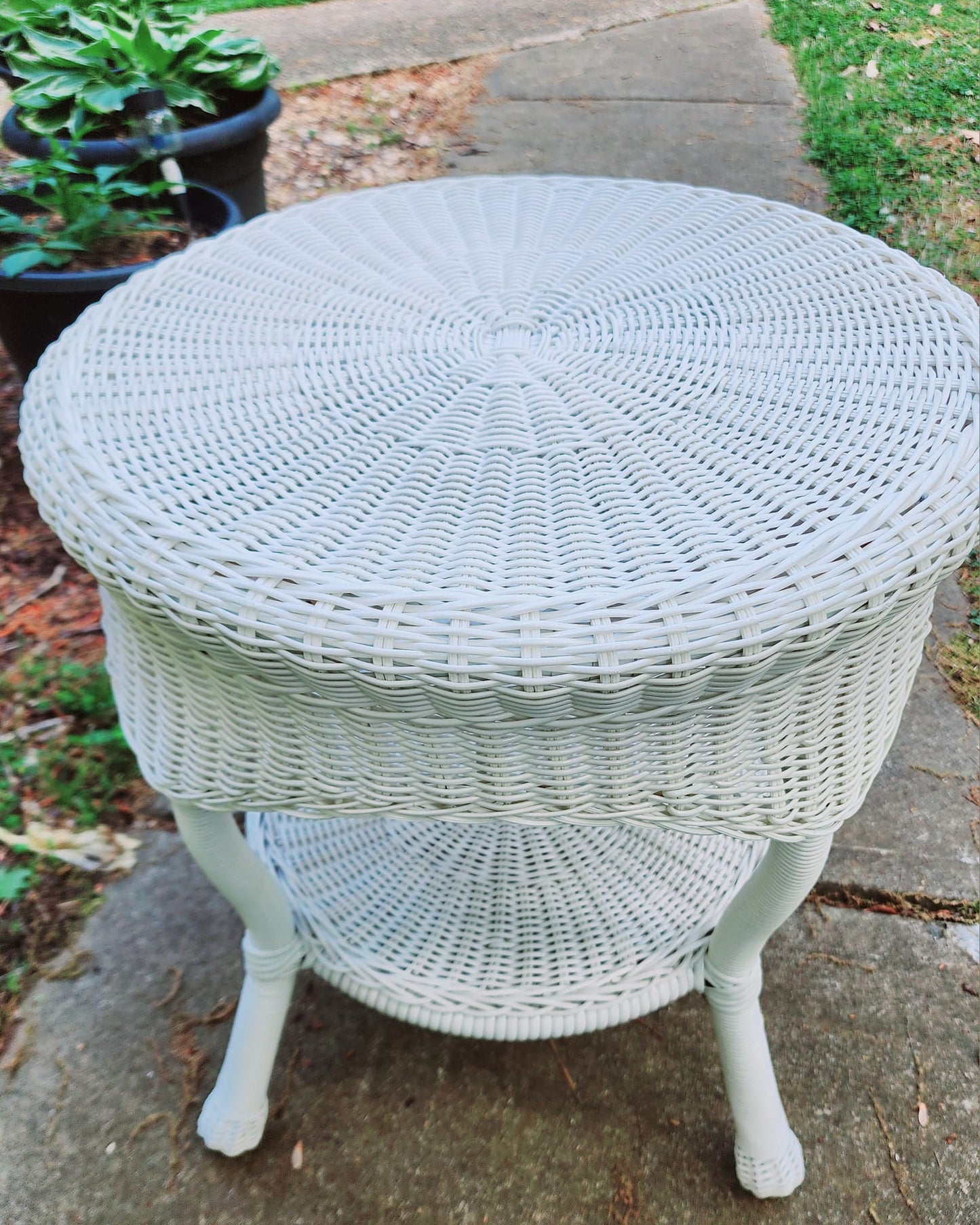 White Wicker Table and Plant Stand