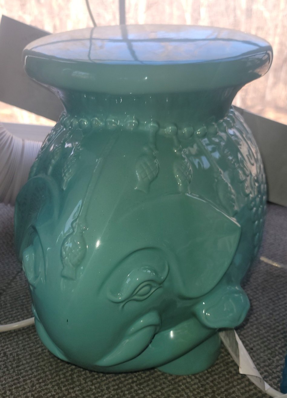 Teal Elephant Statue plant stand or ottoman